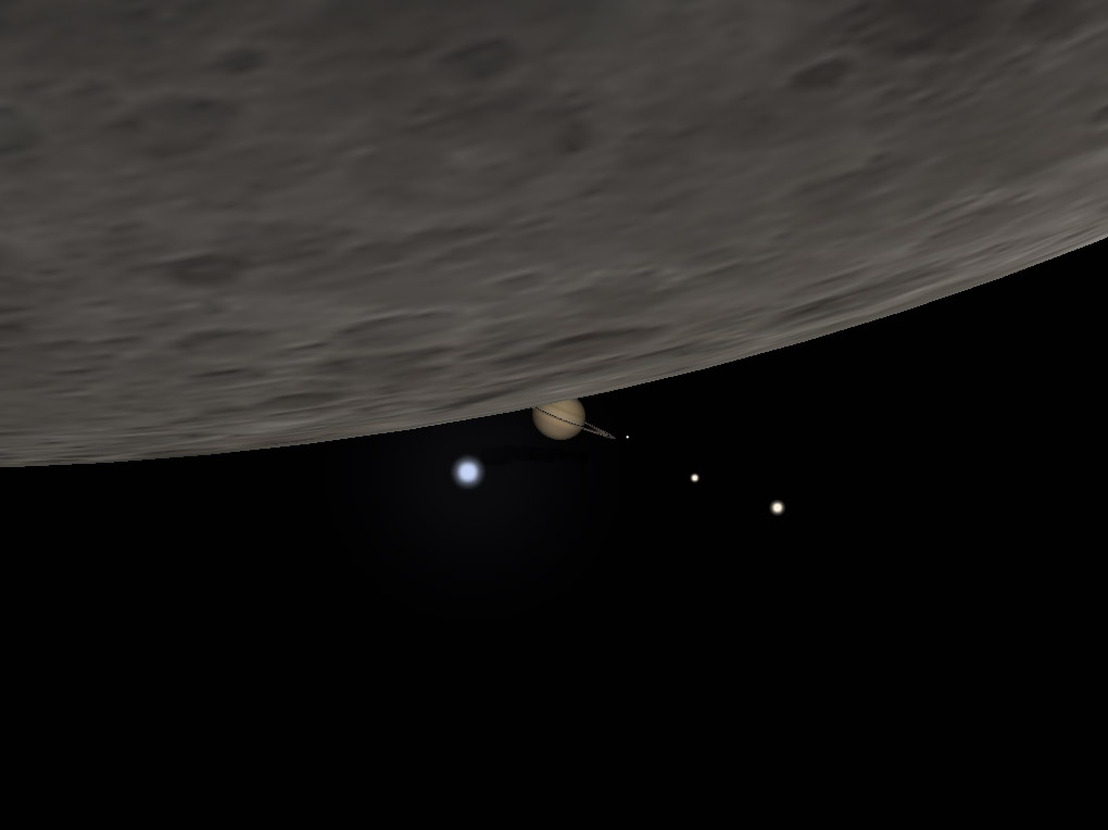 Illustration montrant la planète Saturne accompagnée de trois satellites et d'une étoile brillante, qui réapparait de derrière la Lune le 4 janvier 2025.