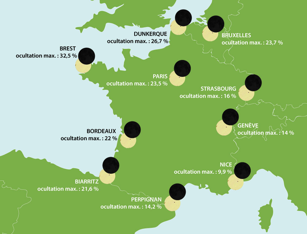 Carte de l'Europe de l'Ouest montrant visuellement le pourcentage de Soleil éclipsé en fonction de la ville où on se trouve.